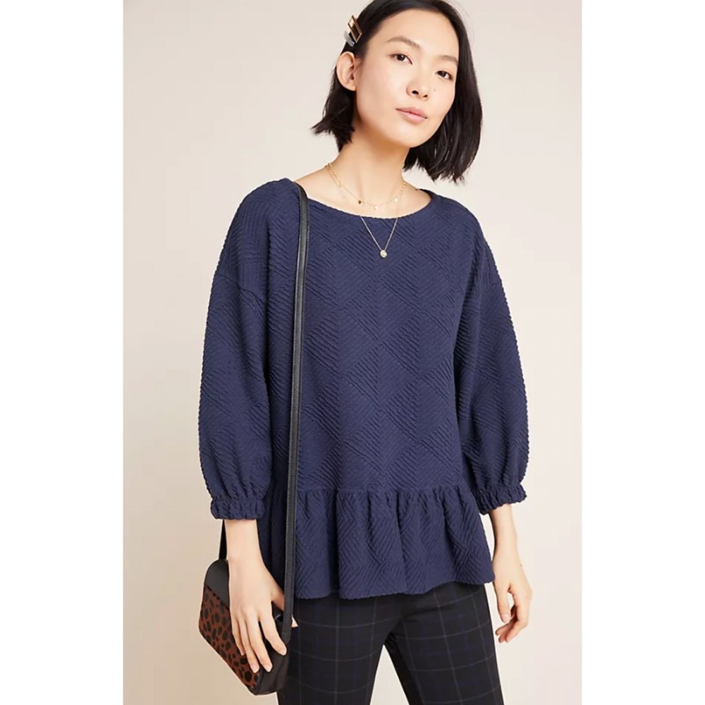 Maeve Mikayla Peplum Top Navy Textured Quarter Sleeve Womens Medium